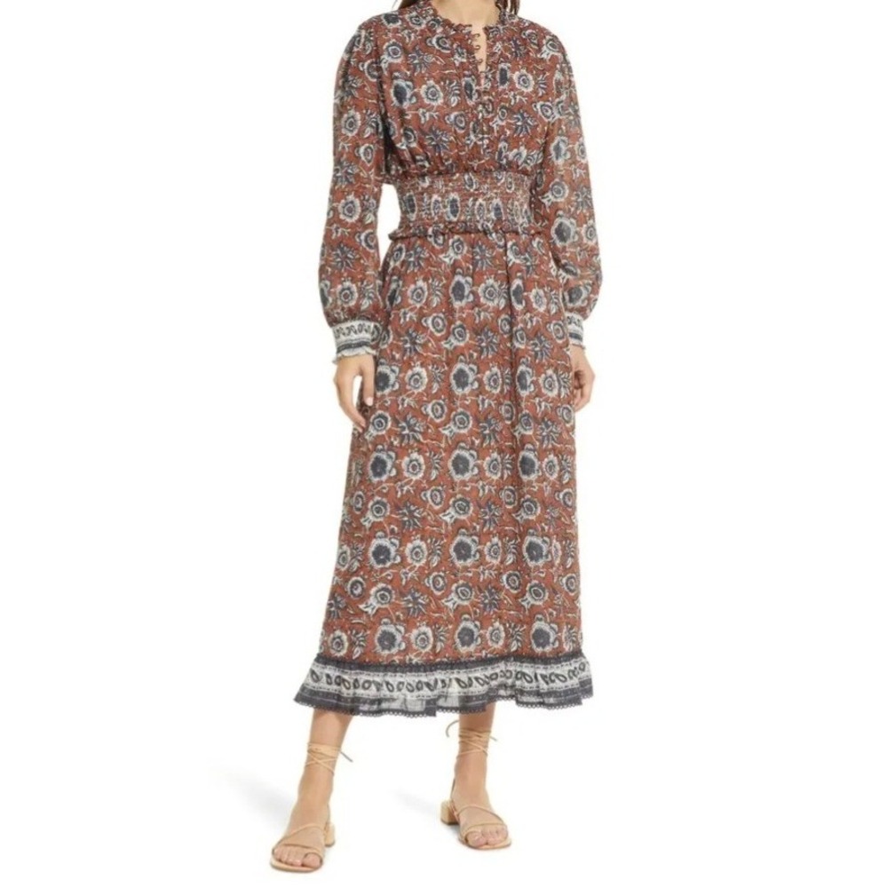 Cleobella Vickie Long Sleeve Organic Cotton Maxi Dress Sienna Floral Smock Sz S